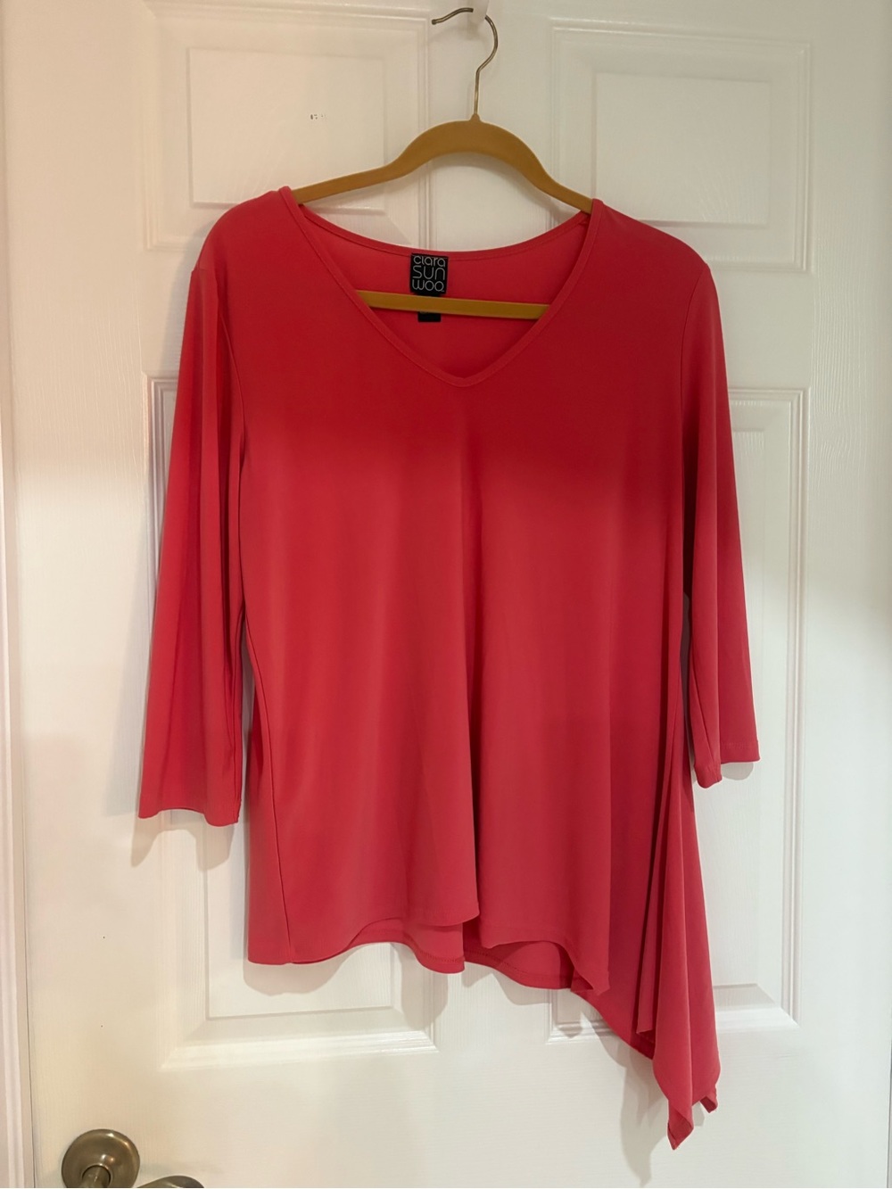 Clara Sun Woo Coral Pink Soft V Neck Asymmetric Top — Medium